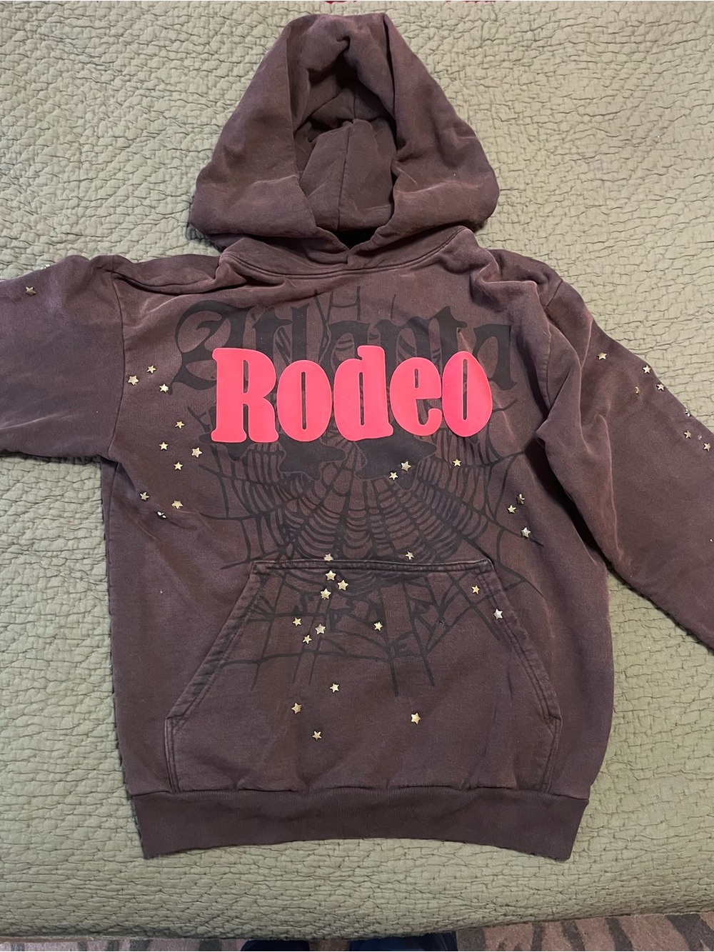 Sp5der Rodeo Graphic Hoodie Sweatshirt  - Brown with Red Logo